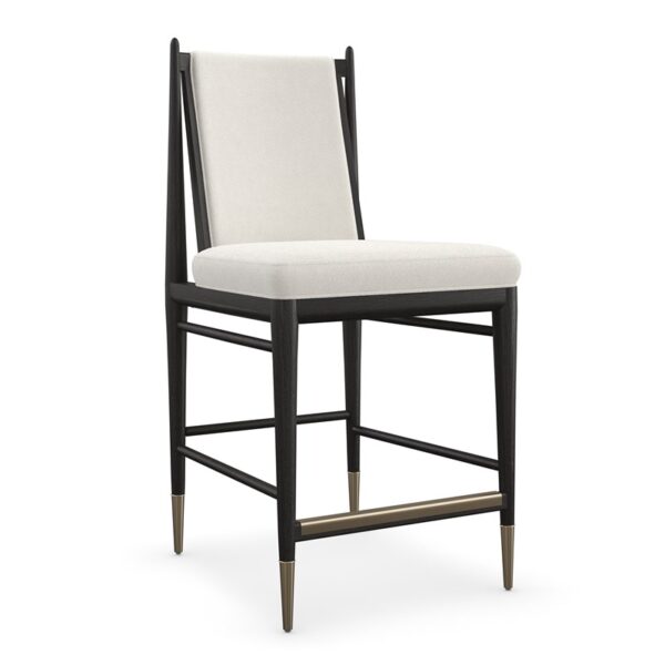 Unity Dark Counter Stool by Caracole featuring a curved upholstered back and sleek dark frame.