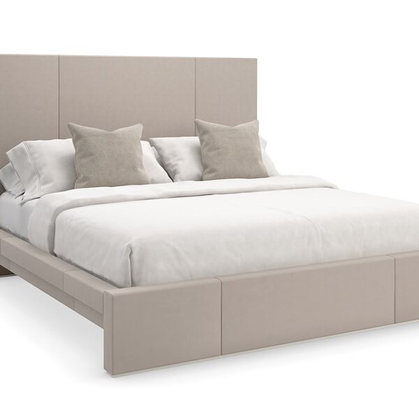 Caracole Balance King Bed featuring a minimalist design with clean lines, fully upholstered in ecru-colored fabric, and accented with Putty-finished wood trim.