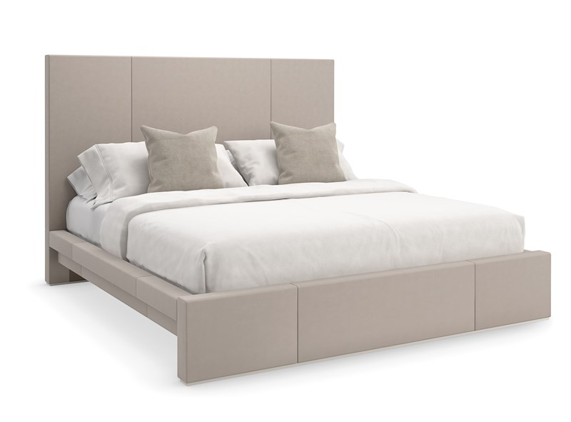 Caracole Balance King Bed featuring a minimalist design with clean lines, fully upholstered in ecru-colored fabric, and accented with Putty-finished wood trim.