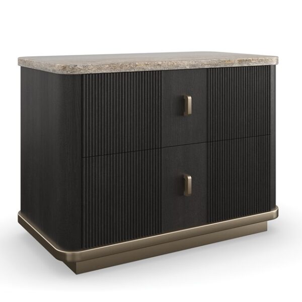 Rhythm Nightstand by Caracole featuring fluted drawer fronts and brushed gold hardware.
