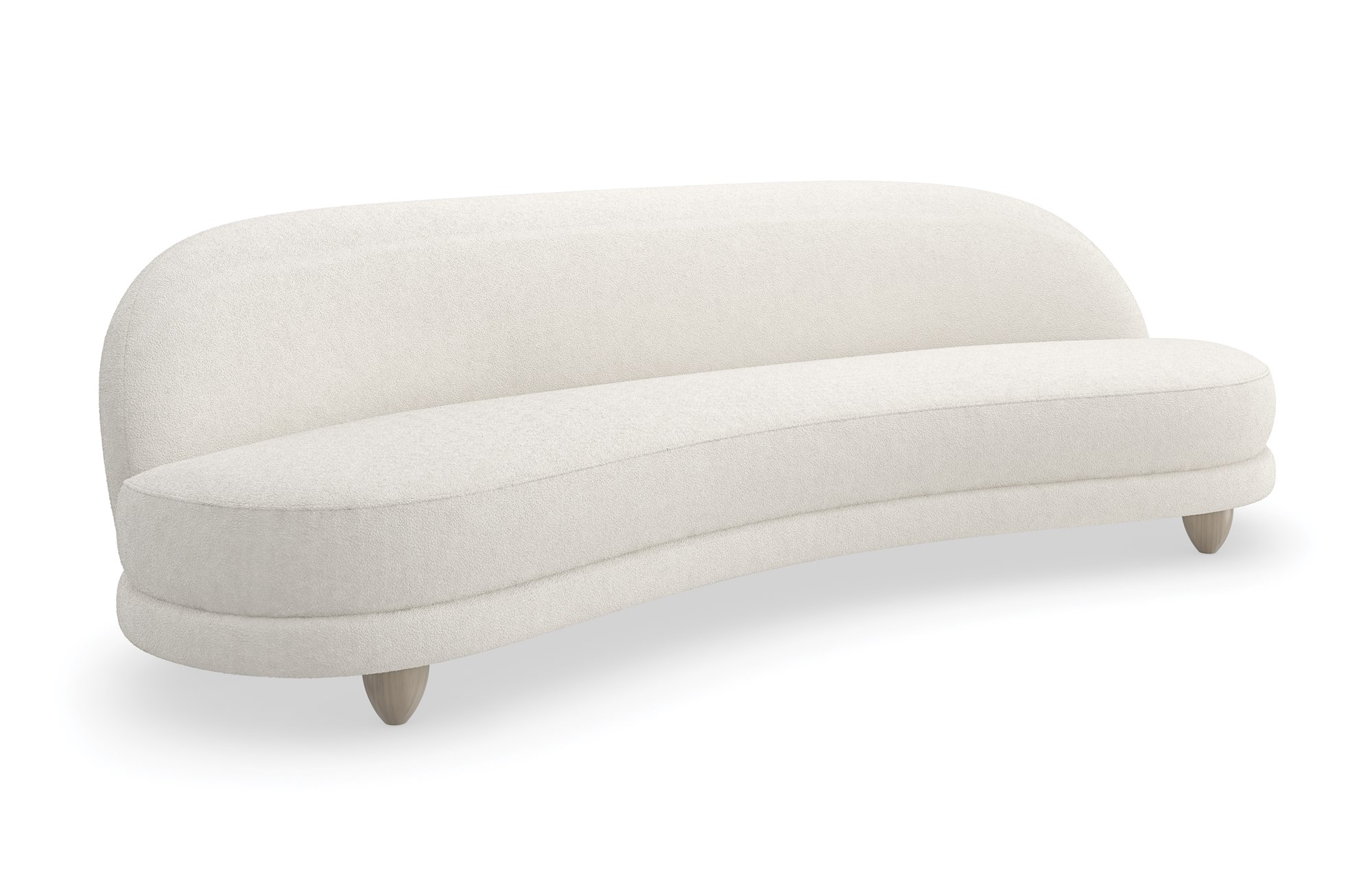 Caracole 110 Tulum Sofa, modern curved sofa, serpentine sofa, biomorphic design sofa, luxury resort furniture, two-tone boucle sofa, cream contemporary sofa, Sabbia feet sofa.