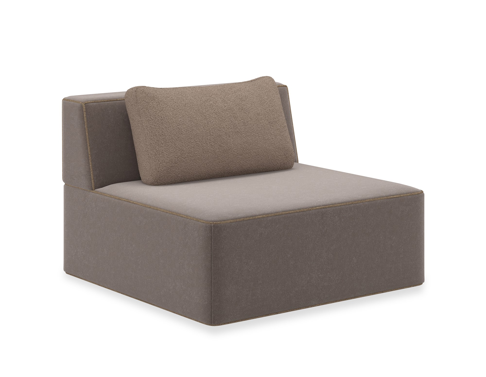 Modular Italian-style chair featuring a warm gray faux nubuck upholstery, camel-colored faux shearling pillow, and Lucent Bronze Metallic base, perfect for contemporary living spaces.