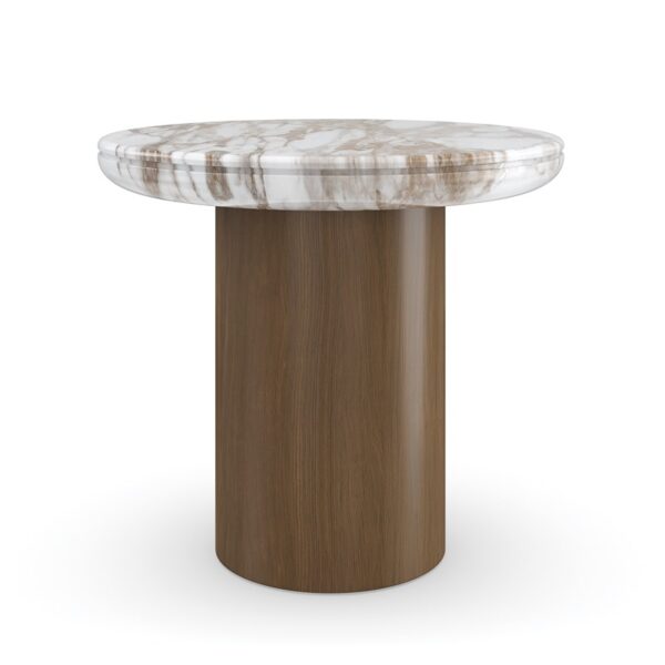 Seychelles Accent Table by Caracole – Sculpted Calacatta Oro stone top with caramel veining, Retro Walnut base.