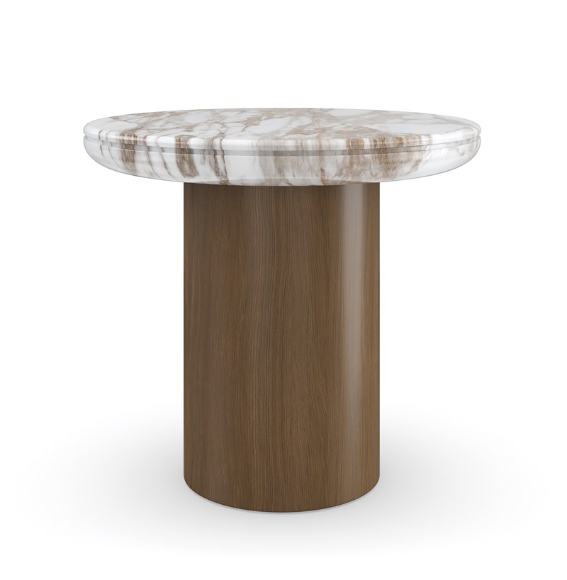 Seychelles Accent Table by Caracole – Sculpted Calacatta Oro stone top with caramel veining, Retro Walnut base.