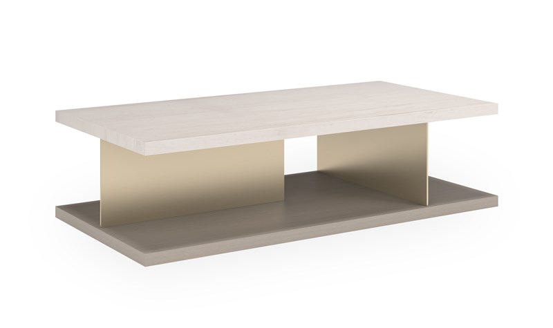 Cape Verde Cocktail Table by Caracole — a modern round table with a fluted wood base and smooth stone top.