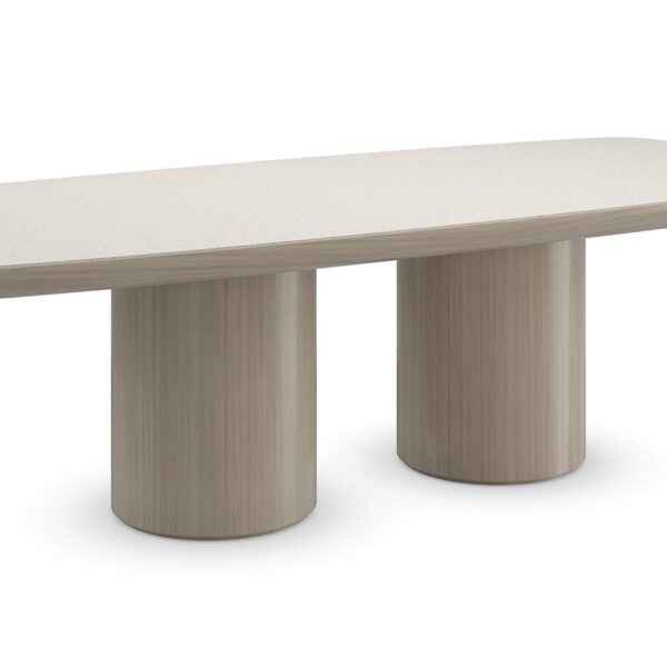 Santorini Dining Table by Caracole – Modern Italian design with silica terrazzo top and rounded pedestals in Sabbia finish. Available in Royal Oak, Michigan.