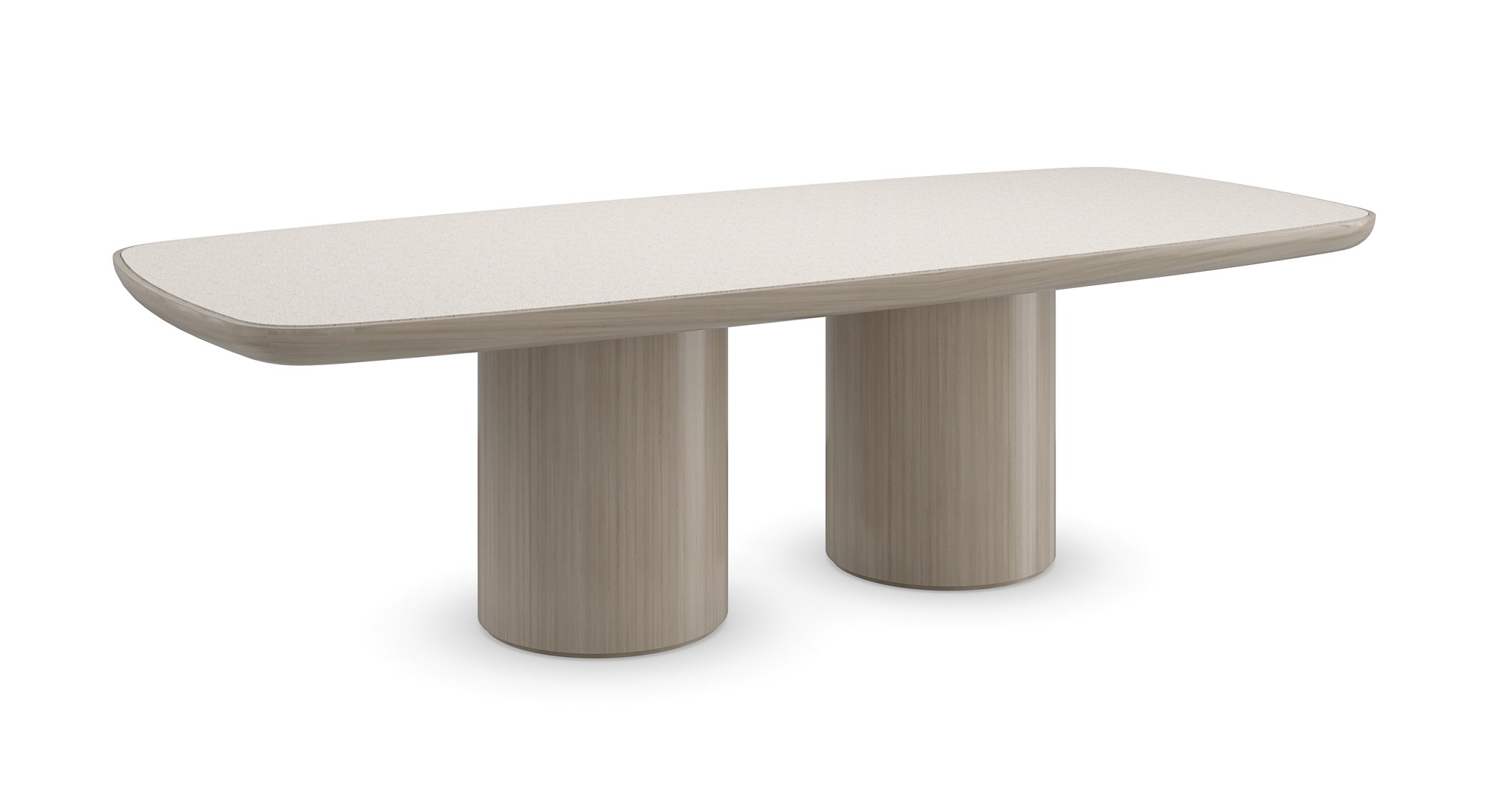 Santorini Dining Table by Caracole – Modern Italian design with silica terrazzo top and rounded pedestals in Sabbia finish. Available in Royal Oak, Michigan.