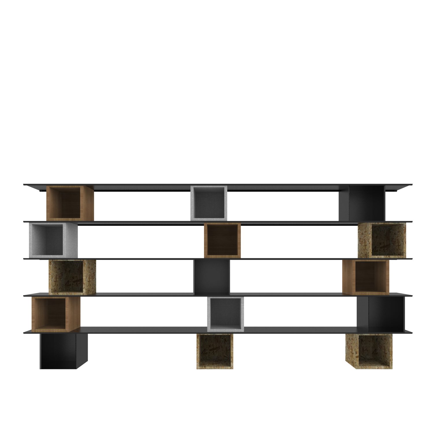 Geometric bookcase with bold steel structure by Zeusnoto.