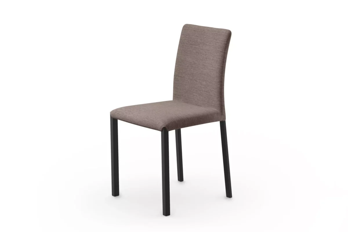 Marion B 2 dining chair in charcoal fabric, featuring a straight backrest and seat on slim black metal legs, photographed against a white studio backdrop.