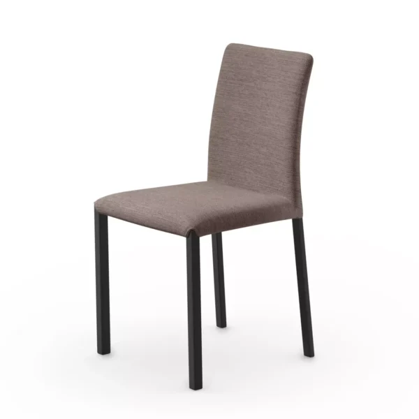 Marion B 2 dining chair in charcoal fabric, featuring a straight backrest and seat on slim black metal legs, photographed against a white studio backdrop.