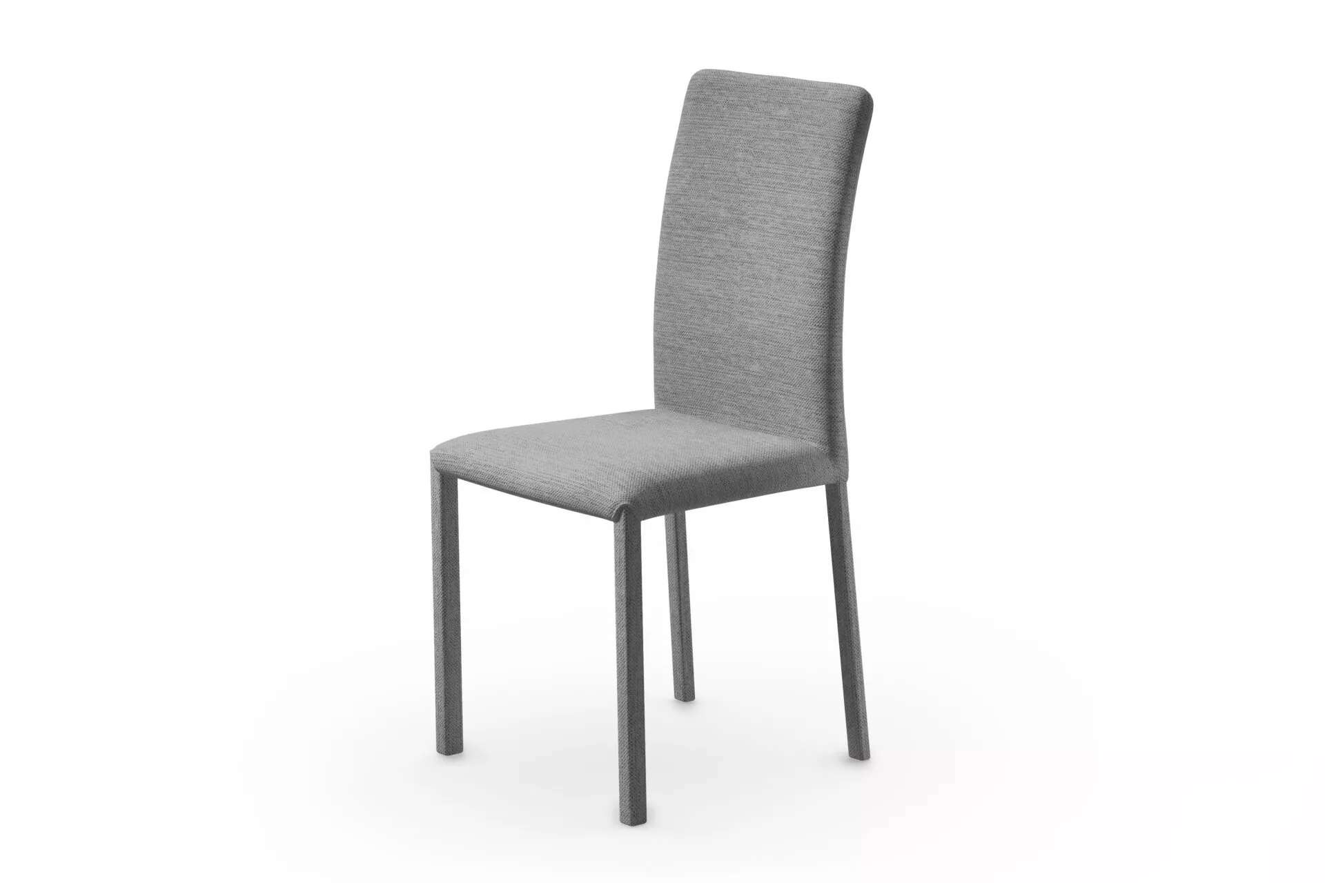 Marion H 1 high‑back dining chair by Peressini in light grey fabric with fully upholstered seat, back, and legs, shown on a white studio background.