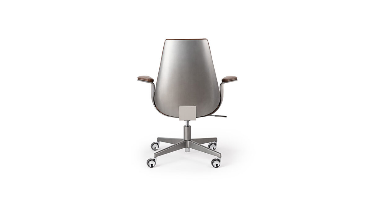 Modern Italian Minerva Office chair by Reflex Angelo in Royal Oak, MI – featuring a leather-upholstered seat and backrest, with a metal structure and base in titanium finish, adjustable in height up to 108cm.