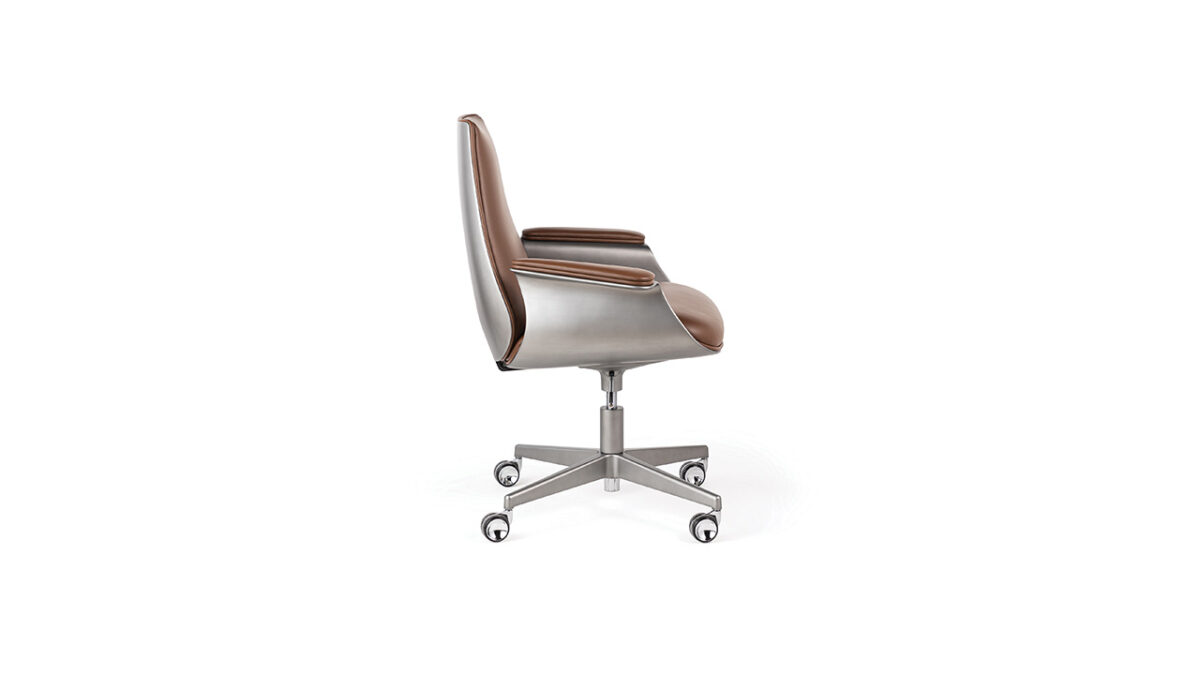 Modern Italian Minerva Office chair by Reflex Angelo in Royal Oak, MI – featuring a leather-upholstered seat and backrest, with a metal structure and base in titanium finish, adjustable in height up to 108cm.