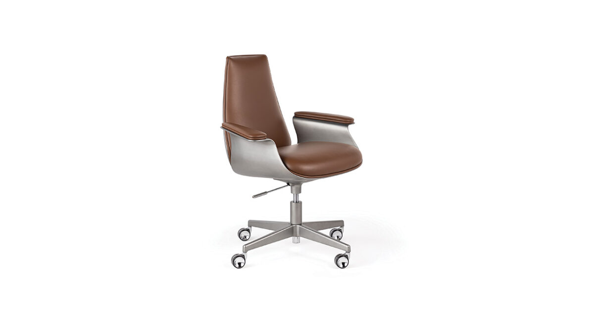 High-end Minerva Office chair by Reflex Angelo in Troy, MI – showcasing a leather-upholstered seat and backrest, with a metal structure and base in bronze finish, adjustable in height up to 108cm.