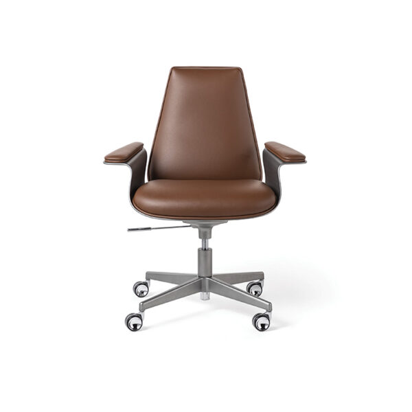 Modern Italian Minerva Office chair by Reflex Angelo in Royal Oak, MI – featuring a leather-upholstered seat and backrest, with a metal structure and base in titanium finish, adjustable in height up to 108cm.