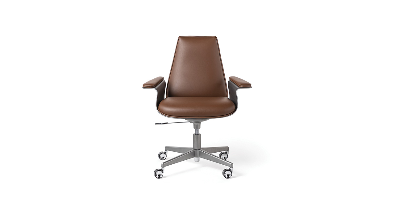 Modern Italian Minerva Office chair by Reflex Angelo in Royal Oak, MI – featuring a leather-upholstered seat and backrest, with a metal structure and base in titanium finish, adjustable in height up to 108cm.