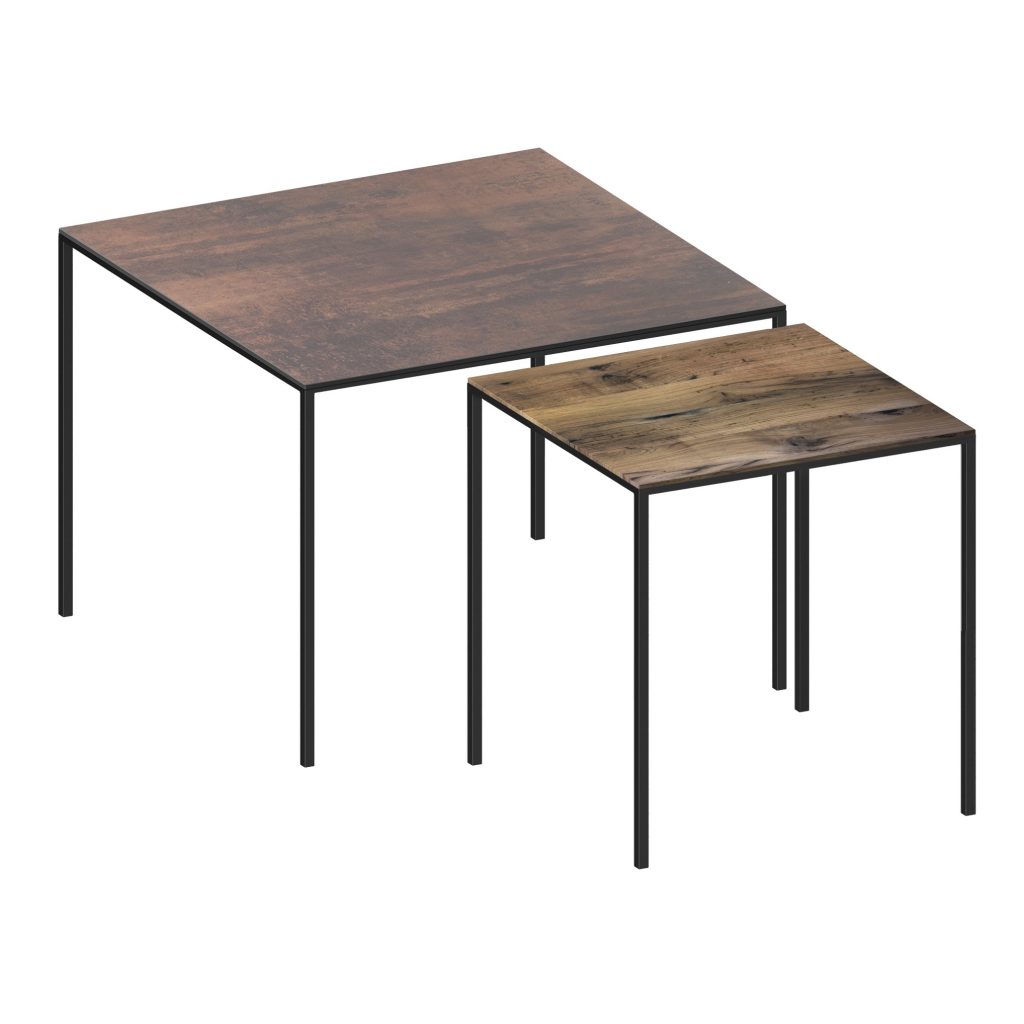 Sleek square MINI TABLE 2018 with embossed black metal frame and rusty‑finish HPL top.