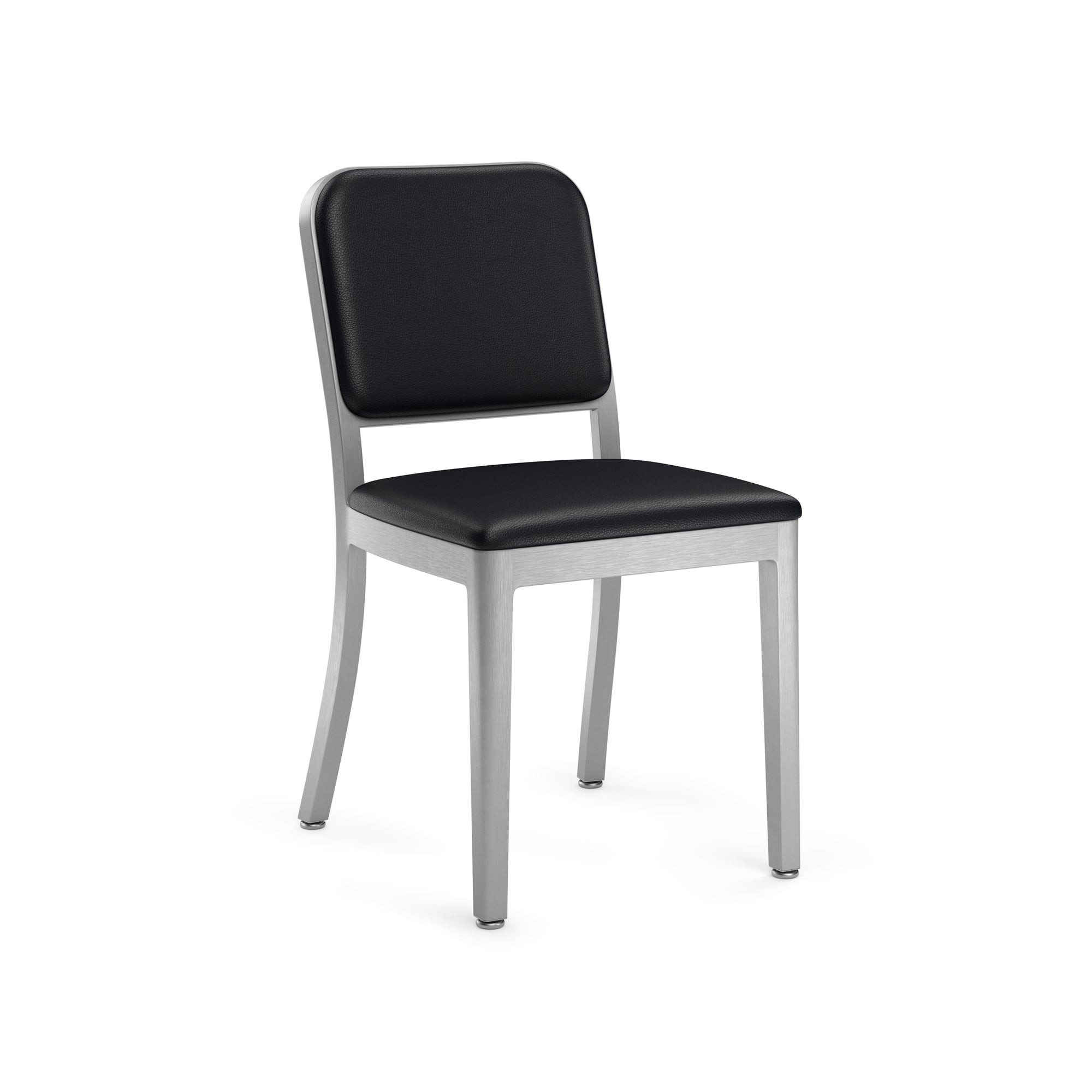 “Elegant side chair from Emeco’s Navy Officer collection, designed by Morrison with soft upholstery and sleek metal.”