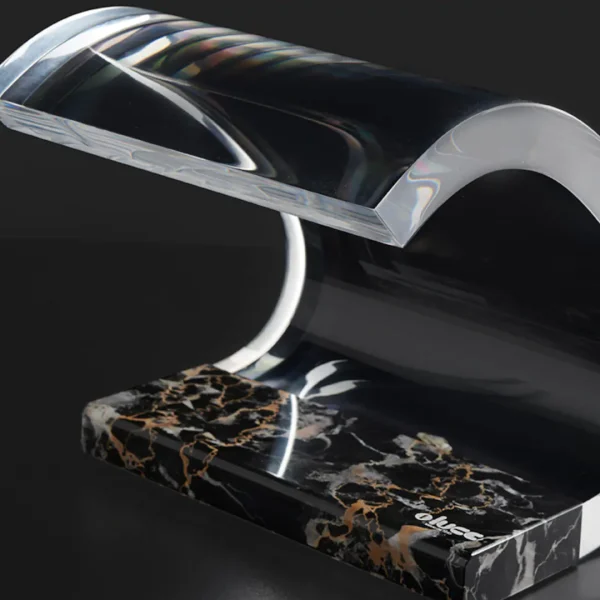 “Acrilica by Oluce iconic Italian table lamp – curved transparent acrylic diffuser with metal base, modern design”