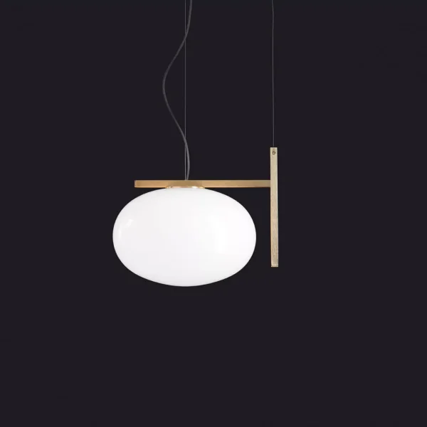 “Alba by Oluce modern Italian floor lamp – satin brass stem with opaline glass diffuser and sculptural organic silhouette”