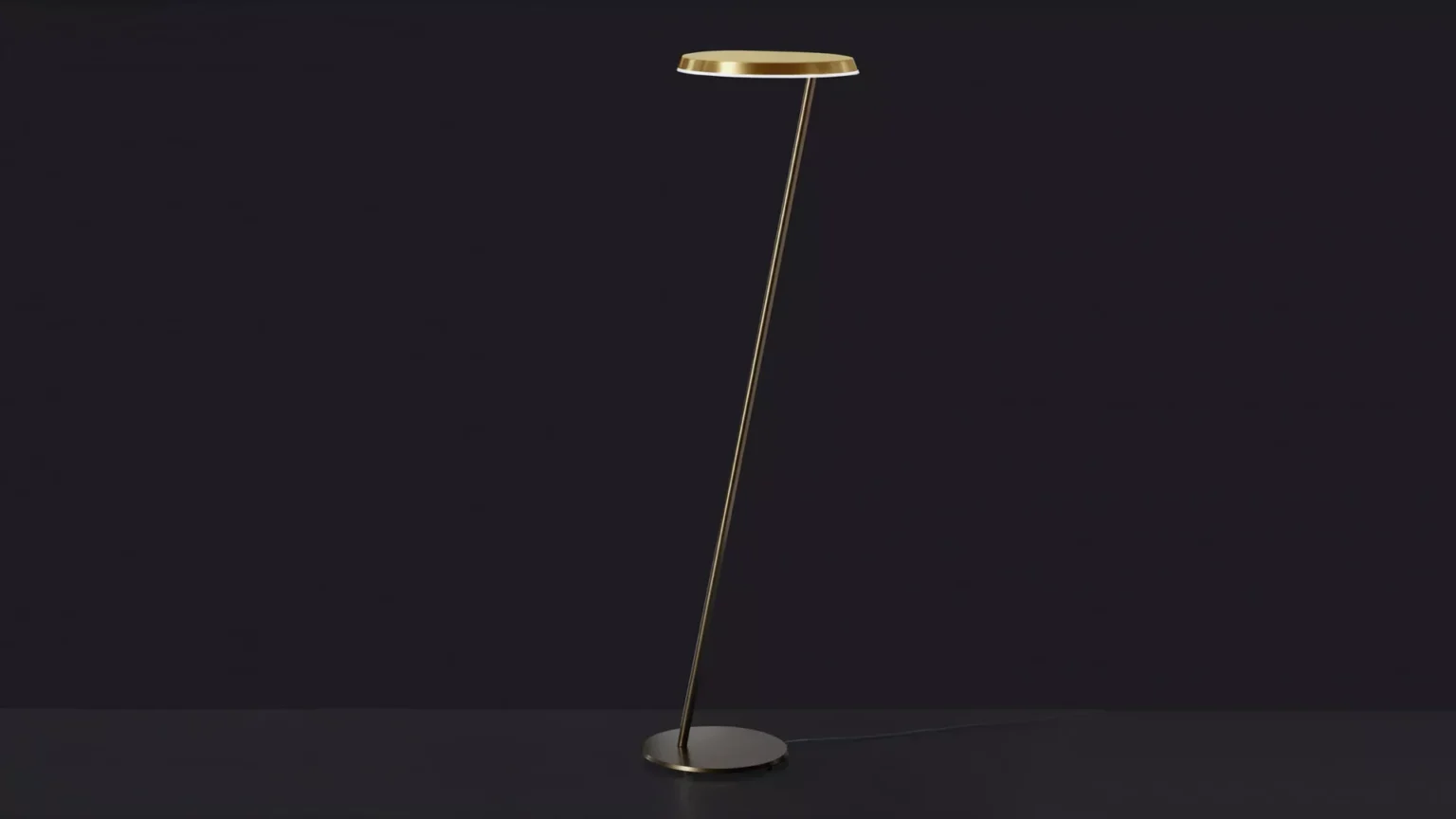 “Amanita by Oluce designer outdoor lighting – minimalist floor lamp with round diffuser and angled metal stem”