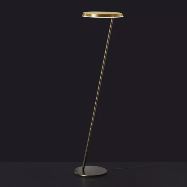 “Amanita by Oluce designer outdoor lighting – minimalist floor lamp with round diffuser and angled metal stem”