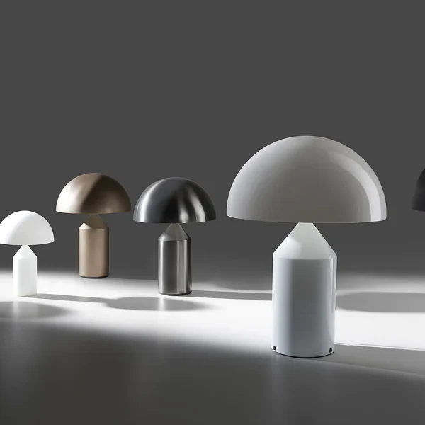 “Atollo Metal by Oluce modern Italian table lamp – iconic metal dome with geometric base in elegant finish”