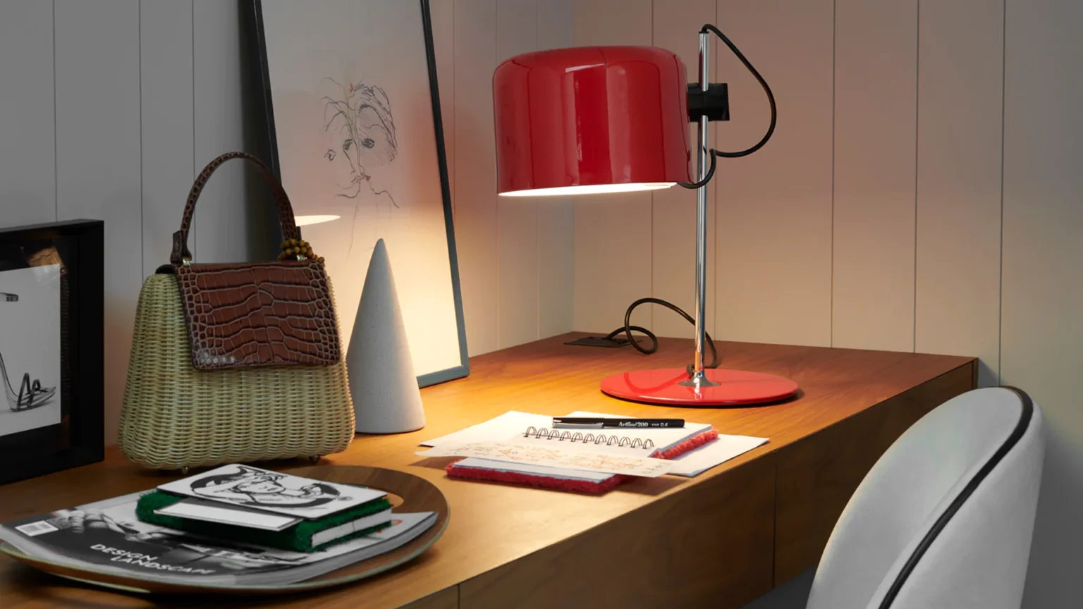 “Coupé by Oluce contemporary designer lighting – minimalist Italian lamp featuring smooth curves and polished finish”