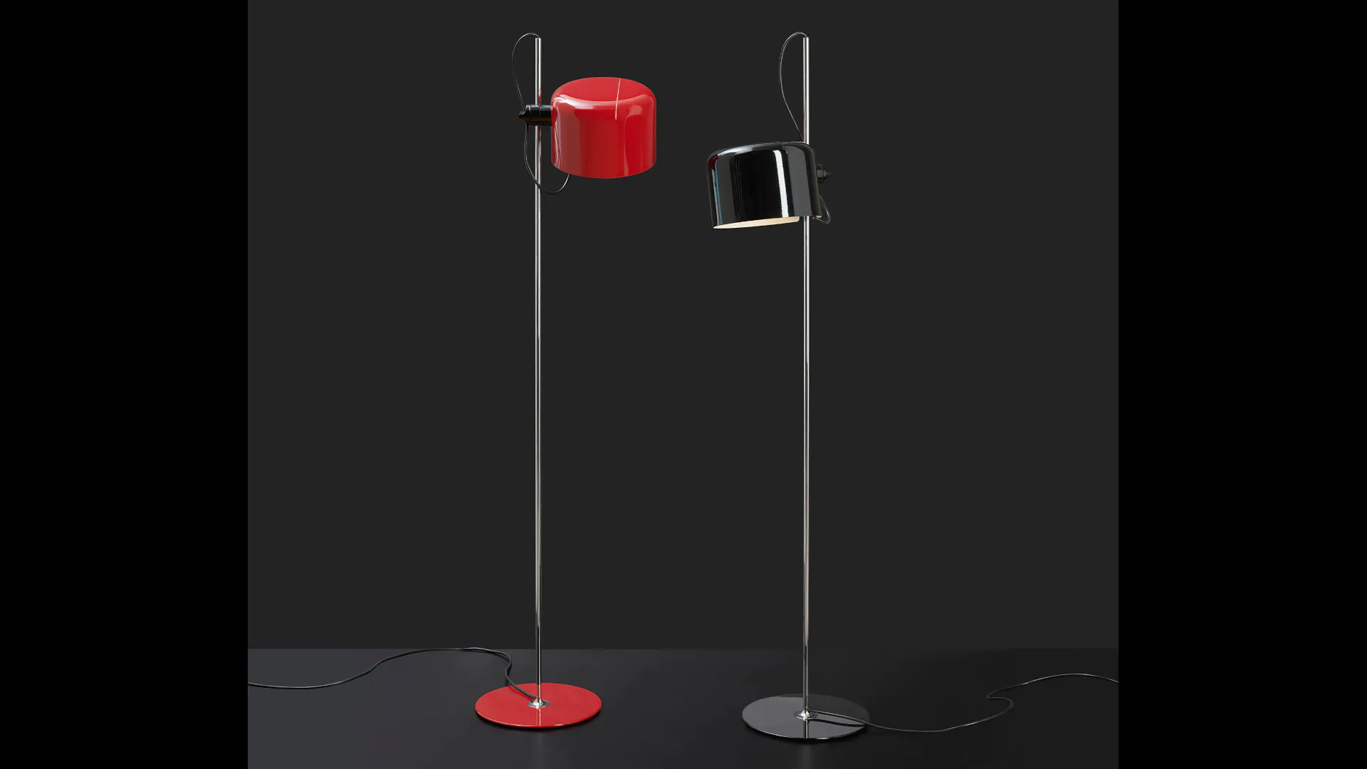 “Coupé by Oluce iconic Italian floor lamp – curved chrome arm with adjustable dome shade in lacquered metal”