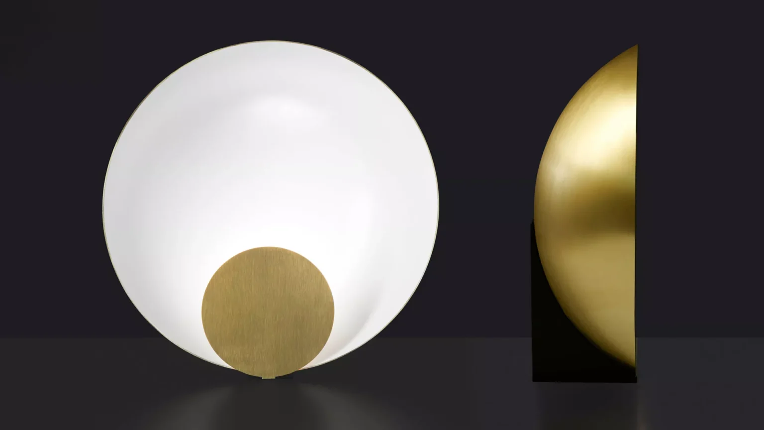 “Siro by Oluce minimalist Italian lamp – geometric sphere and disc design with soft reflected illumination”