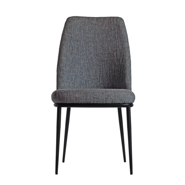 Opus XL high-back dining chair by Peressini in muted teal fabric with four tapered epoxy-coated legs, set on a plain white background.