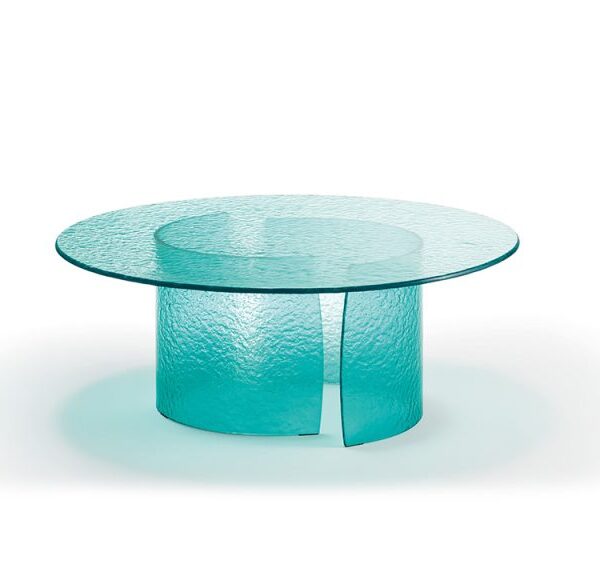 Modern Italian glass table with petal-shaped top, featured in Troy Michigan showroom