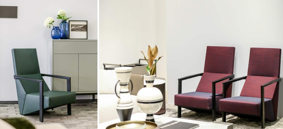 Bold, angular Puzzle Chair with upholstered seat and minimalist design.