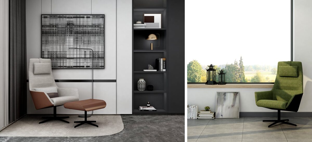 High-back upholstered chair with minimalist style and high comfort by Camerich.