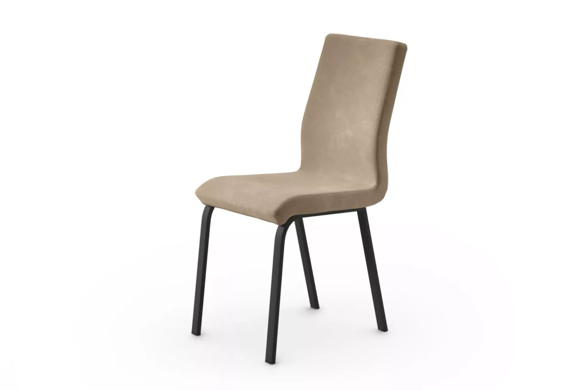 Quadra 4 dining chair by Peressini, upholstered in light taupe leatherette with chrome metal legs, set against a white background.