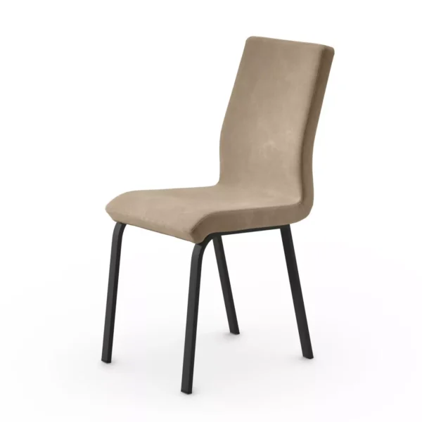 Quadra 4 dining chair by Peressini, upholstered in light taupe leatherette with chrome metal legs, set against a white background.