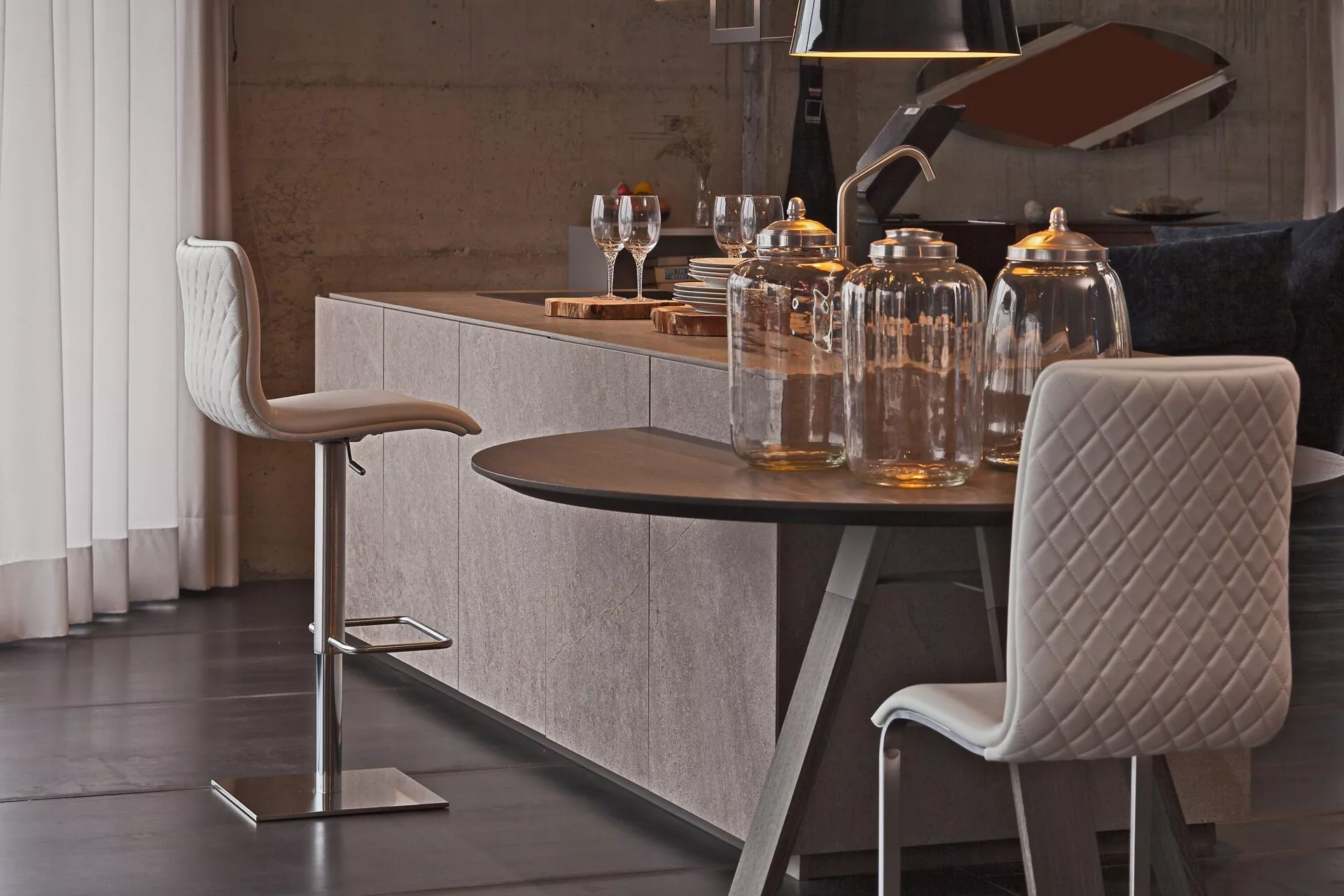 Peressini Rio dining chair with a sleek cantilever design, featuring a brushed steel frame and upholstered seat and back in premium faux leather, available in Grey, Light Grey, and Blue.