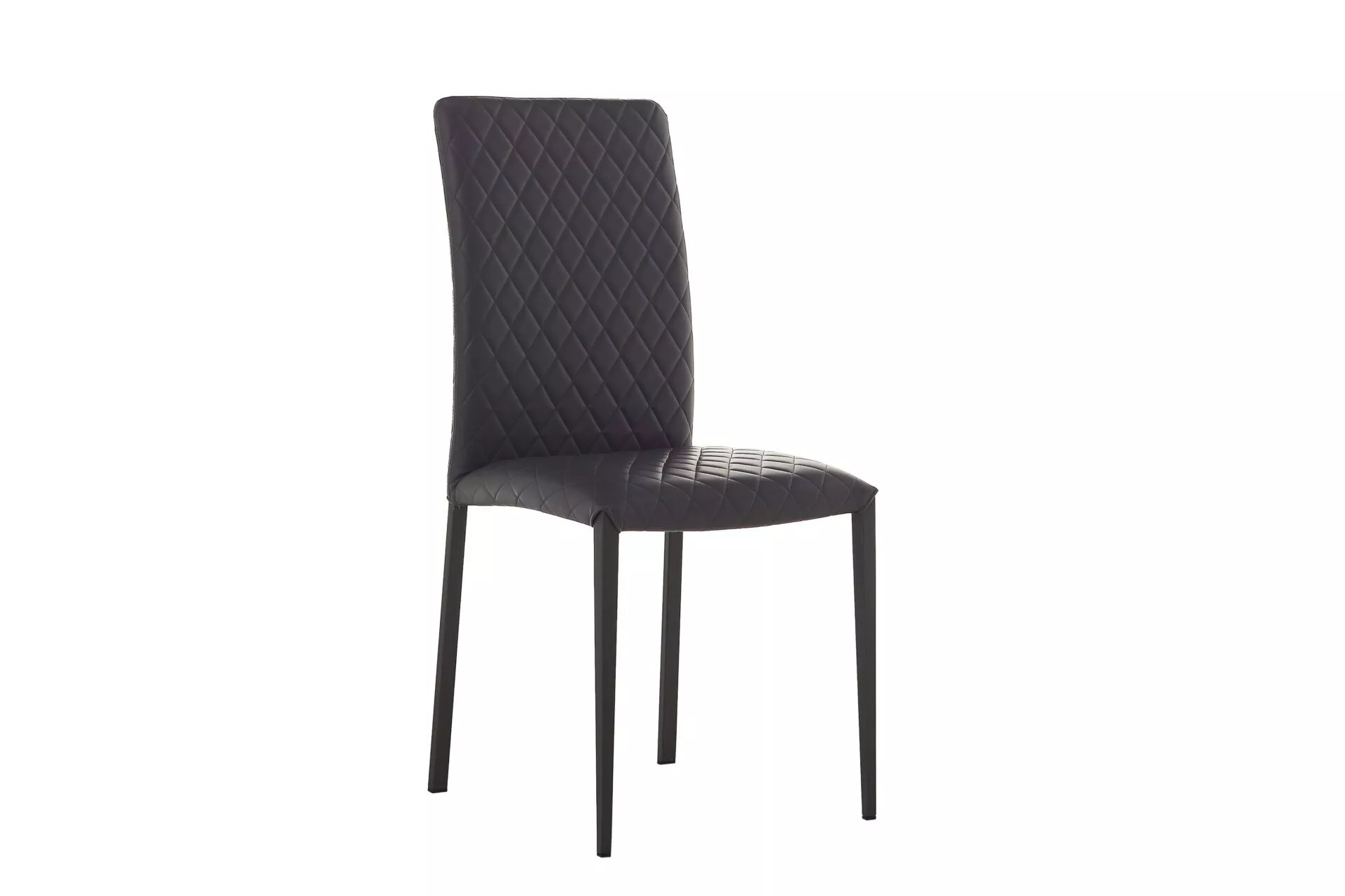Roma 1 chair by Peressini featuring a tall, contoured backrest and slim black metal legs, upholstered in grey fabric.