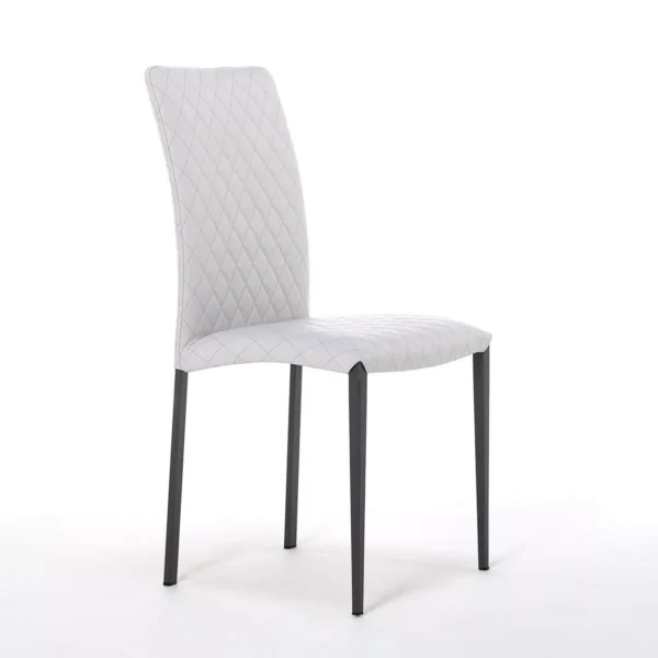Roma 2 dining chair by Peressini with high quilted backrest and padded seat upholstered in soft grey fabric, set against a white background.