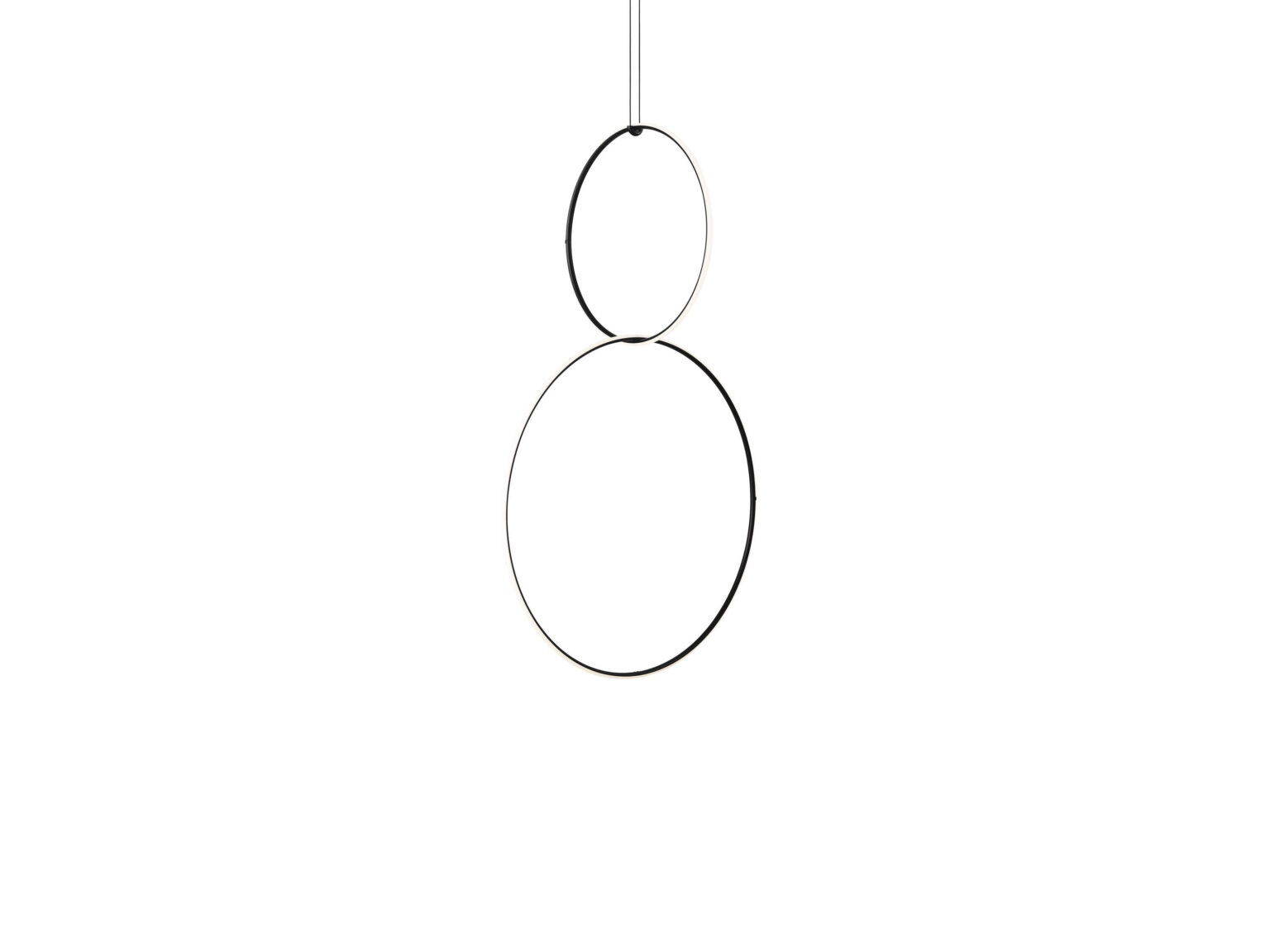 Arrangements - 2 elements by Flos, Arrangements pendant featuring a glowing circular LED loop and a straight LED line suspended from a thin black cable, set against a neutral dining nook.