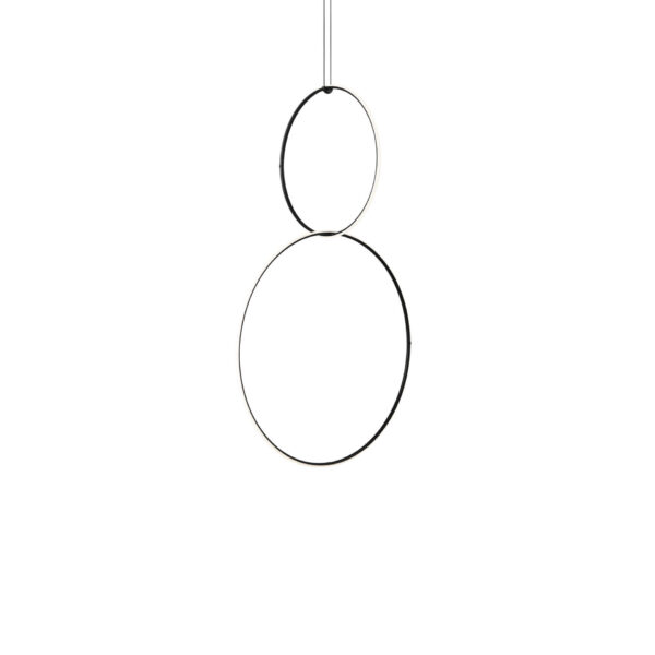 Arrangements - 2 elements by Flos, Arrangements pendant featuring a glowing circular LED loop and a straight LED line suspended from a thin black cable, set against a neutral dining nook.