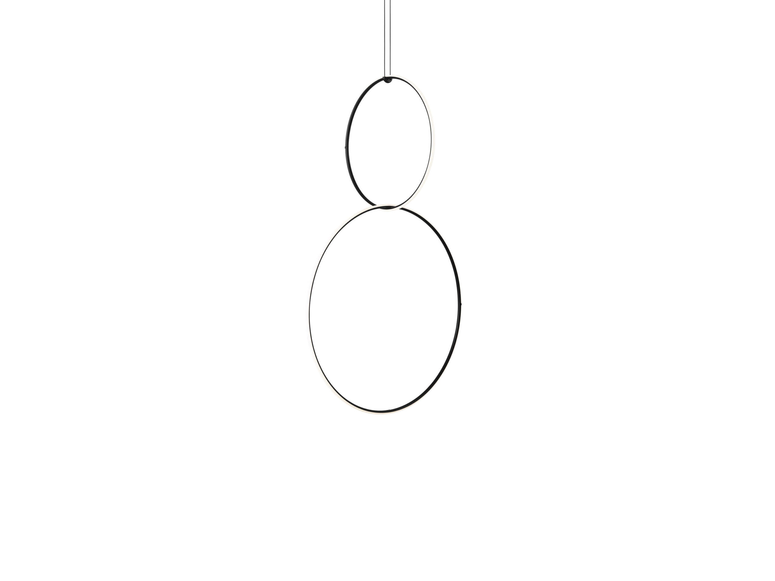 Arrangements - 2 elements by Flos, Arrangements pendant featuring a glowing circular LED loop and a straight LED line suspended from a thin black cable, set against a neutral dining nook.