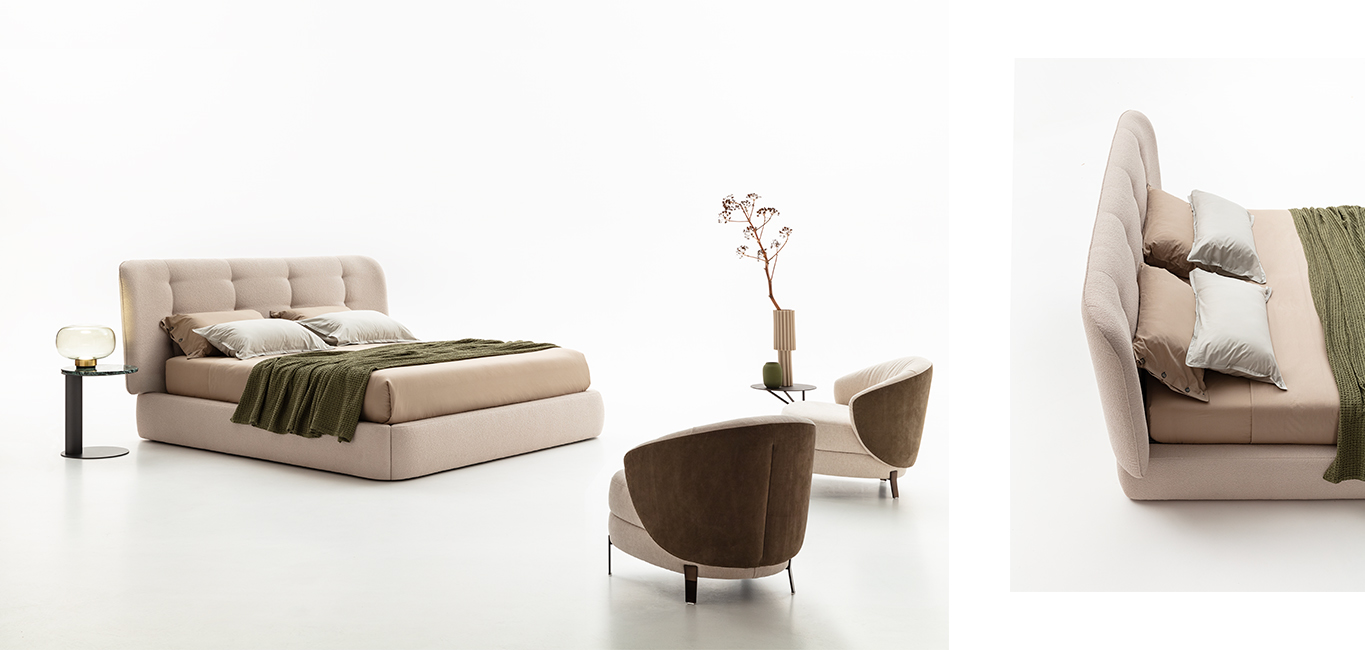 Rubicon High bed by Nicoline, featuring a gracefully curved headboard and soft upholstery, creating a welcoming and elegant bedroom centerpiece. Available at Italcasa Design, Royal Oak, Michigan.