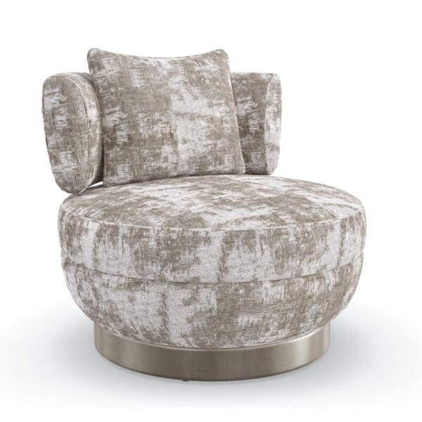 "Celeste Swivel Chair by Caracole in tactile chenille fabric with a Whisper of Gold metal backrest and Charcoal Leaf base, featuring a plush poly foam cushion and feather-down pillow for luxurious comfort