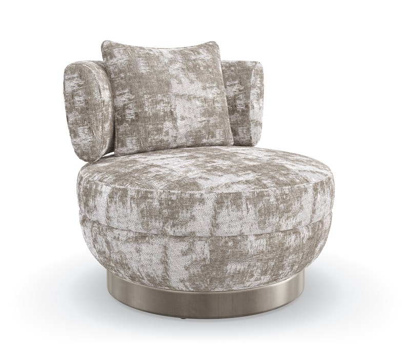 "Celeste Swivel Chair by Caracole in tactile chenille fabric with a Whisper of Gold metal backrest and Charcoal Leaf base, featuring a plush poly foam cushion and feather-down pillow for luxurious comfort