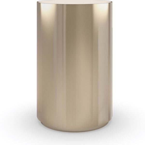Round About-Tall Side Table by Caracole – Sleek cylindrical pedestal with Whisper of Gold stainless steel base and Caracole Crème stone top, 16" diameter x 25" height.