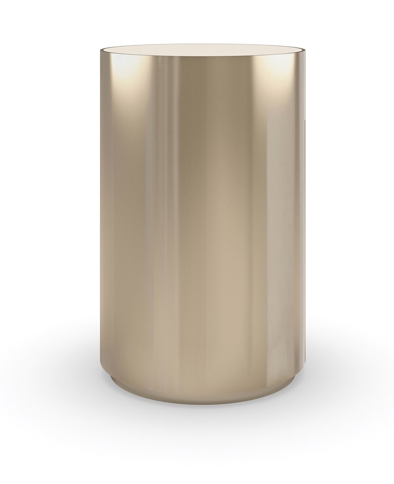 Round About-Tall Side Table by Caracole – Sleek cylindrical pedestal with Whisper of Gold stainless steel base and Caracole Crème stone top, 16" diameter x 25" height.