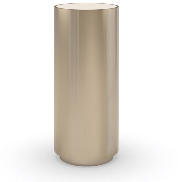 "Round About-Short Side Table by Caracole – Sleek cylindrical pedestal with Whisper of Gold stainless steel base and Caracole Crème stone top, 9" diameter x 21" height."