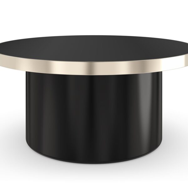 Caracole Umbra Small Cocktail Table with a black mirrored top and Whisper of Gold trim, creating a striking contrast for modern interiors.