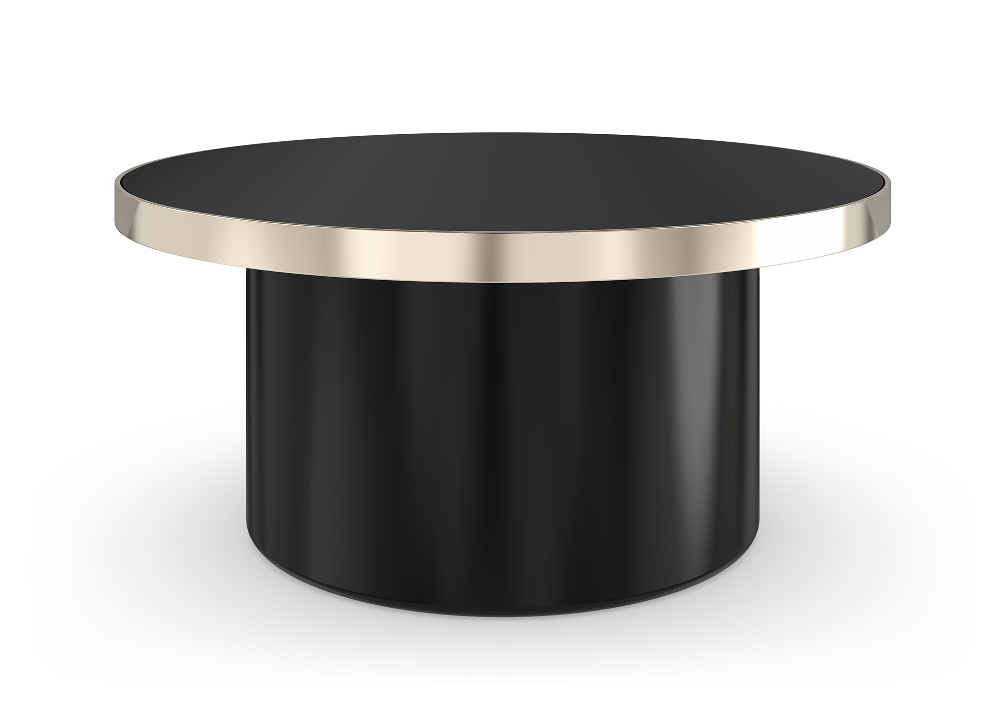 Caracole Umbra Small Cocktail Table with a black mirrored top and Whisper of Gold trim, creating a striking contrast for modern interiors.